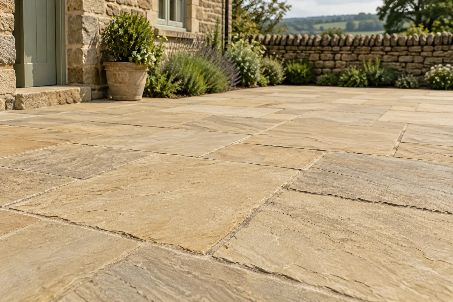 Illustrative natural stone paving in a garden setting